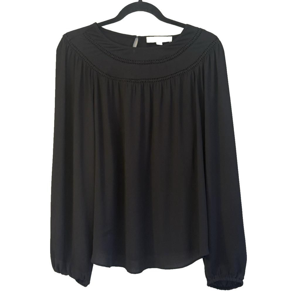 LOFT Large Black Sheer Long Sleeve Blouse Women’s Mixed Media Top